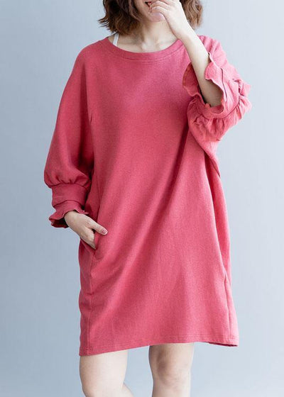 Bohemian dark pink Cotton clothes lantern sleeve oversized fall Dresses - bagstylebliss