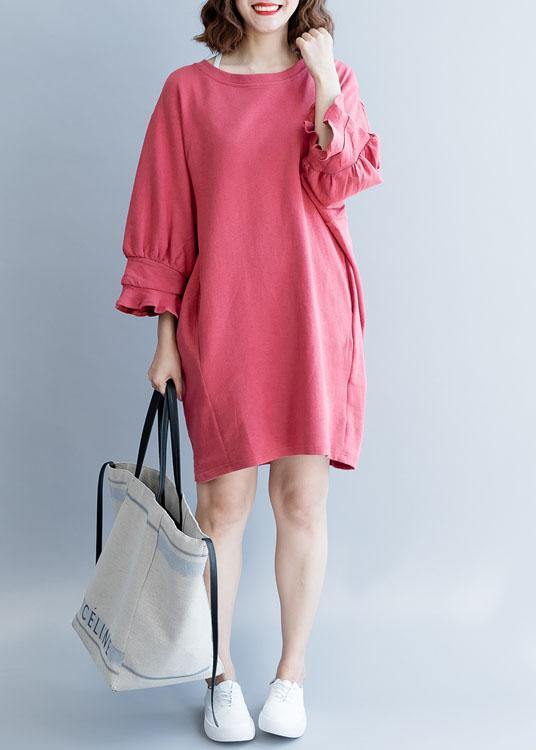 Bohemian dark pink Cotton clothes lantern sleeve oversized fall Dresses - bagstylebliss