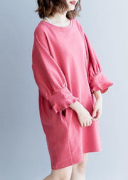 Bohemian dark pink Cotton clothes lantern sleeve oversized fall Dresses - bagstylebliss