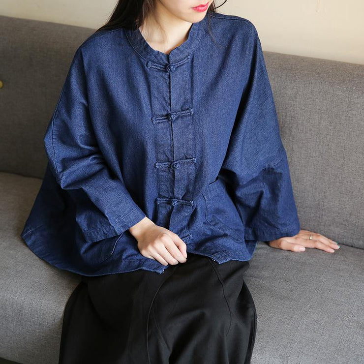 Bohemian denim dark blue clothes For Women stand collar Chinese Button tunic blouse - bagstylebliss