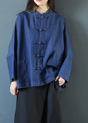 Bohemian denim dark blue clothes For Women stand collar Chinese Button tunic blouse - bagstylebliss