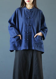 Bohemian denim dark blue clothes For Women stand collar Chinese Button tunic blouse - bagstylebliss