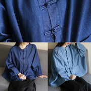 Bohemian denim dark blue clothes For Women stand collar Chinese Button tunic blouse - bagstylebliss