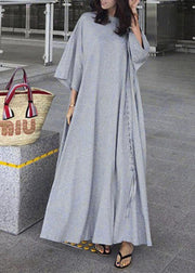 Bohemian gray cotton dresses o neck exra large hem long Dress - bagstylebliss