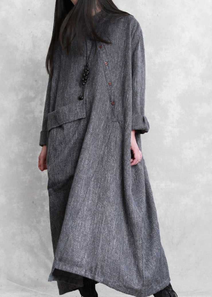 Bohemian gray linen clothes For Women stand collar asymmetric loose Dresses - bagstylebliss