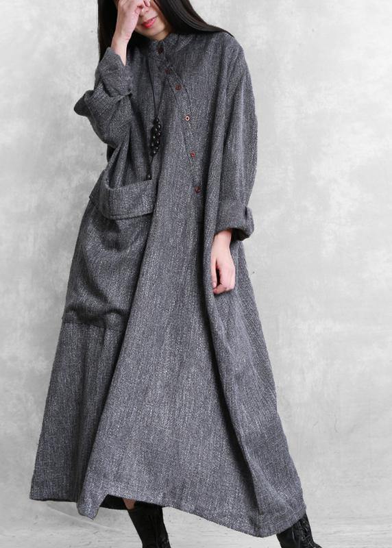 Bohemian gray linen clothes For Women stand collar asymmetric loose Dresses - bagstylebliss