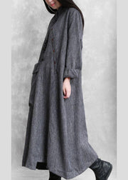 Bohemian gray linen clothes For Women stand collar asymmetric loose Dresses - bagstylebliss