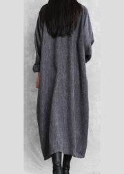 Bohemian gray linen clothes For Women stand collar asymmetric loose Dresses - bagstylebliss