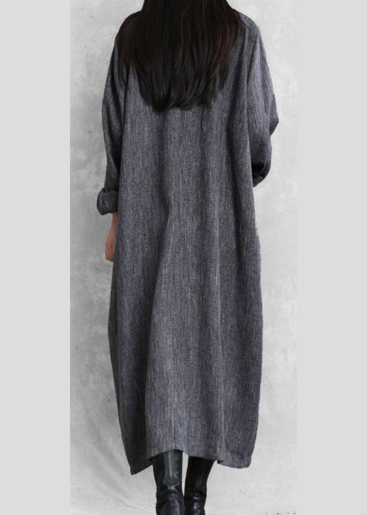 Bohemian gray linen clothes For Women stand collar asymmetric loose Dresses - bagstylebliss