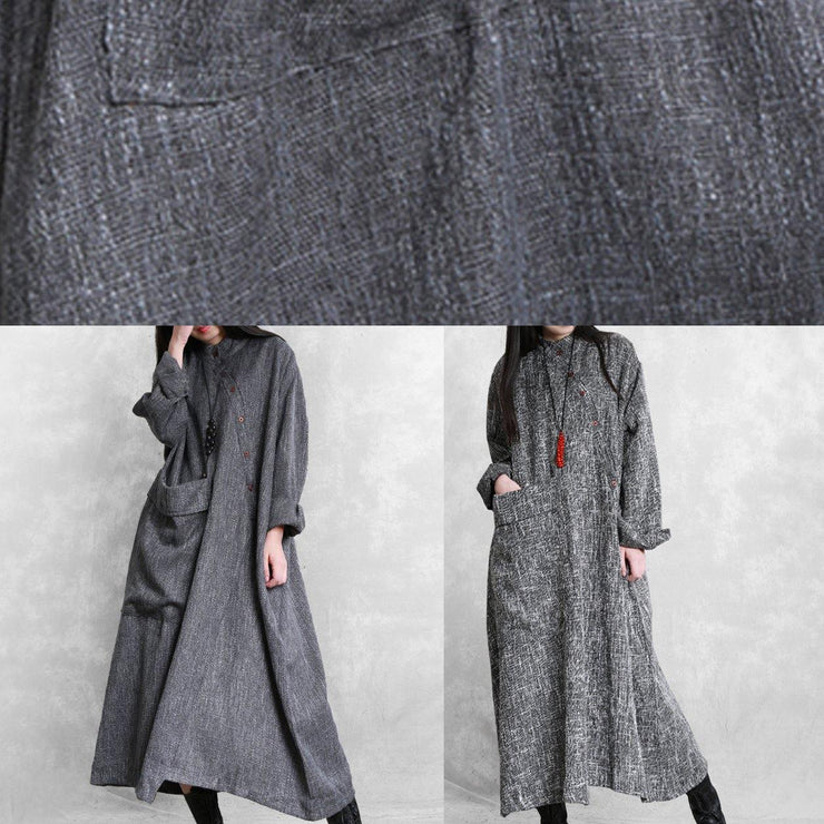 Bohemian gray linen clothes For Women stand collar asymmetric loose Dresses - bagstylebliss