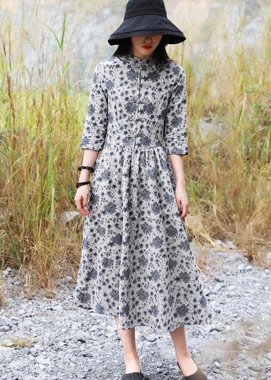 Bohemian gray prints linen clothes For Women Chinese Button A Line Dress - bagstylebliss