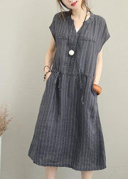 Bohemian gray striped linen clothes For Women v neck drawstring Maxi summer Dresses - bagstylebliss