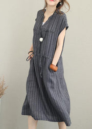 Bohemian gray striped linen clothes For Women v neck drawstring Maxi summer Dresses - bagstylebliss