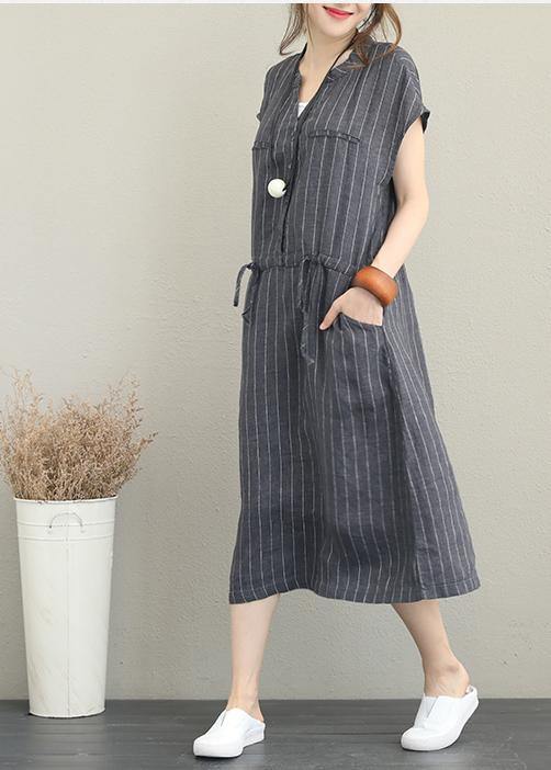 Bohemian gray striped linen clothes For Women v neck drawstring Maxi summer Dresses - bagstylebliss
