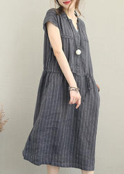 Bohemian gray striped linen clothes For Women v neck drawstring Maxi summer Dresses - bagstylebliss