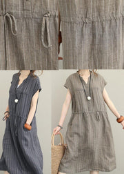 Bohemian gray striped linen clothes For Women v neck drawstring Maxi summer Dresses - bagstylebliss