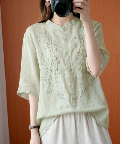 Bohemian green clothes For Women stand collar embroidery silhouette top - bagstylebliss