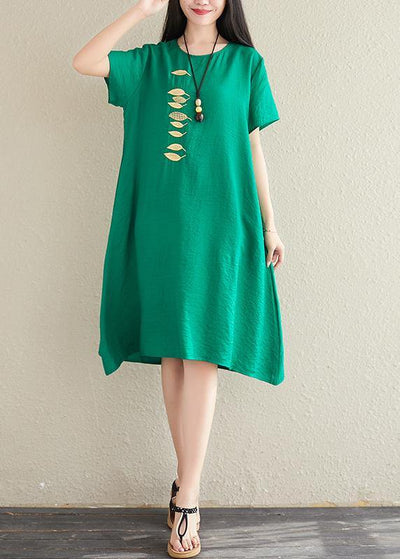 Bohemian green cotton linen clothes o neck embroidery tunic summer Dress - bagstylebliss