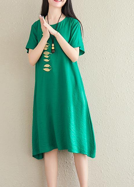 Bohemian green cotton linen clothes o neck embroidery tunic summer Dress - bagstylebliss