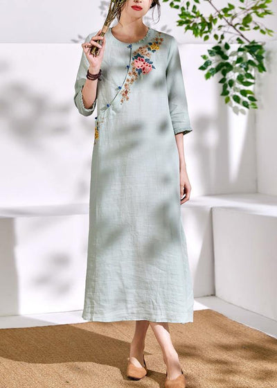 Bohemian green linen clothes For Women embroidery A Line o neck Dresses - bagstylebliss