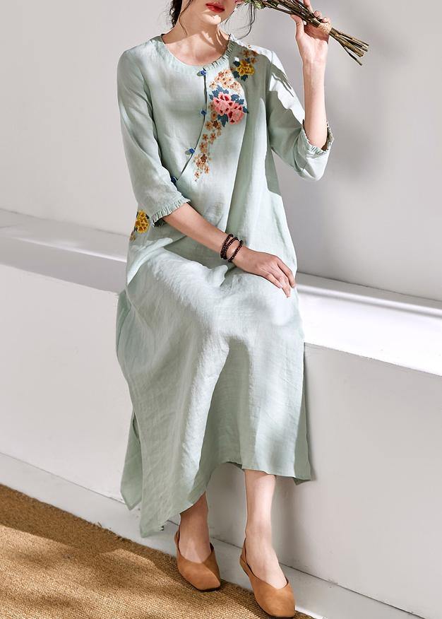 Bohemian green linen clothes For Women embroidery A Line o neck Dresses - bagstylebliss