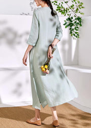 Bohemian green linen clothes For Women embroidery A Line o neck Dresses - bagstylebliss