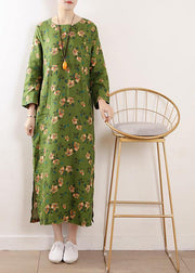 Bohemian green o neck linen outfit floral cotton summer Dress - bagstylebliss
