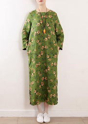 Bohemian green o neck linen outfit floral cotton summer Dress - bagstylebliss