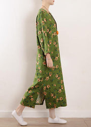 Bohemian green o neck linen outfit floral cotton summer Dress - bagstylebliss