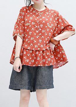 Bohemian half sleeve linen Tunic design red prints blouse summer - bagstylebliss