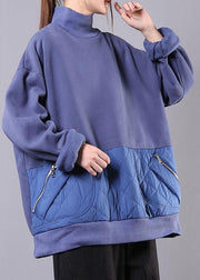 Bohemian high neck patchwork cotton fall tunic pattern Neckline blue blouses - bagstylebliss