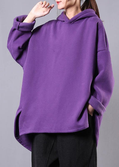 Bohemian hooded low high design cotton Tunic Fabrics purple blouses - bagstylebliss