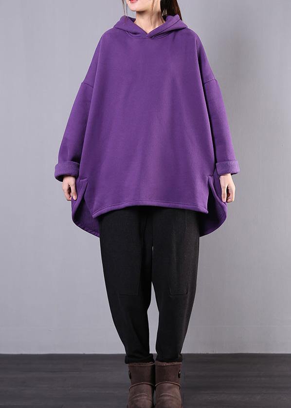 Bohemian hooded low high design cotton Tunic Fabrics purple blouses - bagstylebliss