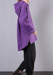 Bohemian hooded low high design cotton Tunic Fabrics purple blouses - bagstylebliss