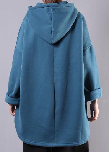 Bohemian hooded pockets cotton clothes For Women Neckline blue tops - bagstylebliss