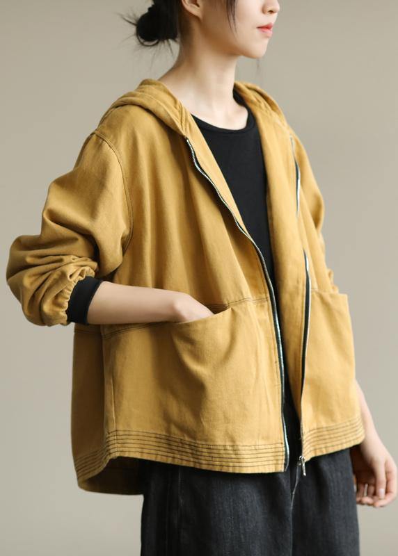 Bohemian hooded zippered Plus Size fall clothes For Women yellow loose outwears - bagstylebliss