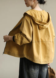 Bohemian hooded zippered Plus Size fall clothes For Women yellow loose outwears - bagstylebliss