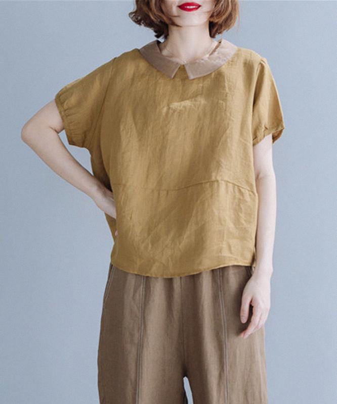 Bohemian khaki clothes For Women Peter pan Collar patchwork Midi shirt - bagstylebliss