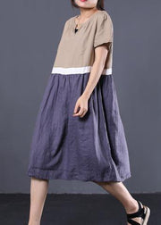 Bohemian khaki v neck linen clothes patchwork color long summer Dress - bagstylebliss