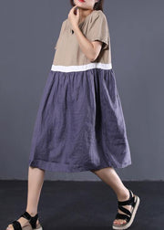 Bohemian khaki v neck linen clothes patchwork color long summer Dress - bagstylebliss