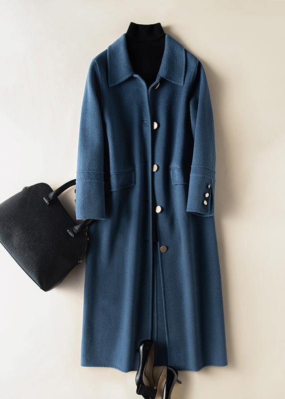 Bohemian lapel Button Down Fashion coat for woman blue Knee Woolen Coats - bagstylebliss