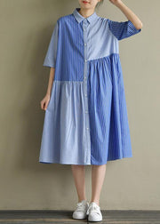 Bohemian lapel half sleeve Cotton Tunic Sewing blue striped Dress summer - bagstylebliss