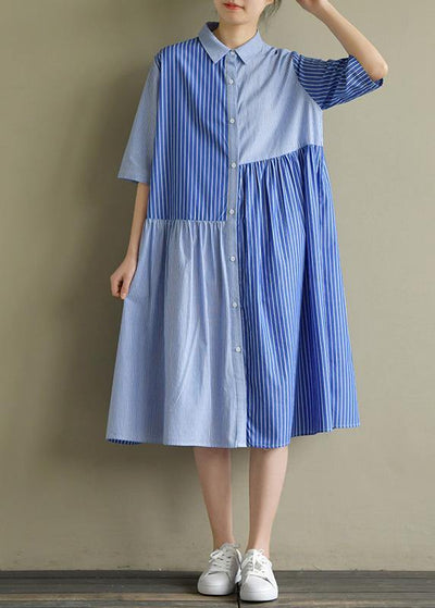 Bohemian lapel half sleeve Cotton Tunic Sewing blue striped Dress summer - bagstylebliss