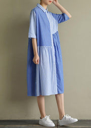 Bohemian lapel half sleeve Cotton Tunic Sewing blue striped Dress summer - bagstylebliss