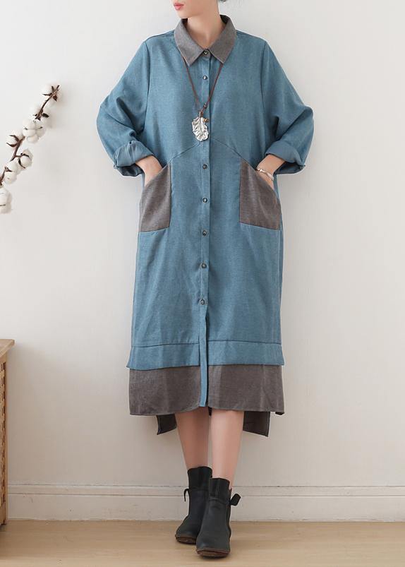 Bohemian lapel patchwork quilting clothes Runway blue Maxi Dress - bagstylebliss
