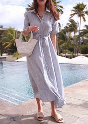 Bohemian lapel tunic cotton linen Robes Shirts striped Dresses - bagstylebliss