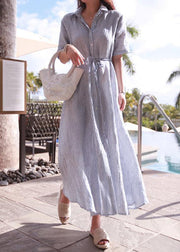 Bohemian lapel tunic cotton linen Robes Shirts striped Dresses - bagstylebliss