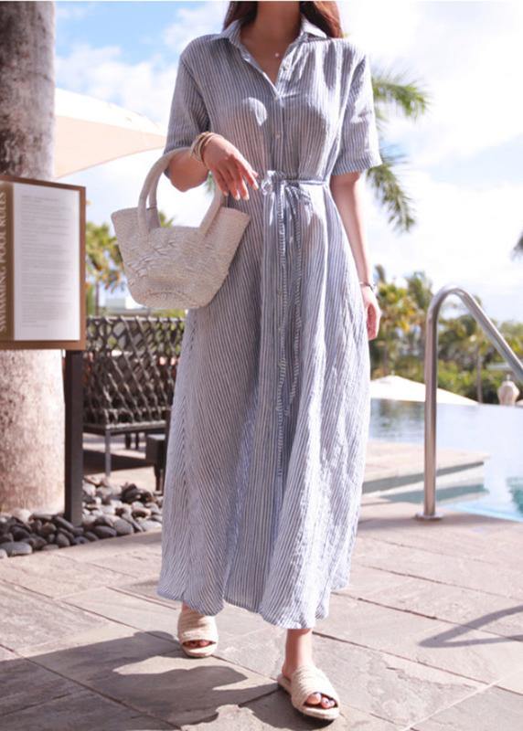 Bohemian lapel tunic cotton linen Robes Shirts striped Dresses - bagstylebliss