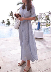 Bohemian lapel tunic cotton linen Robes Shirts striped Dresses - bagstylebliss