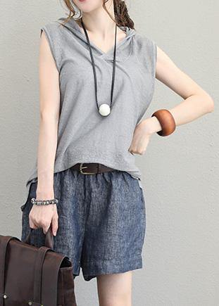 Bohemian light gray cotton Long Shirts Neckline hooded sleeveless top summer - bagstylebliss